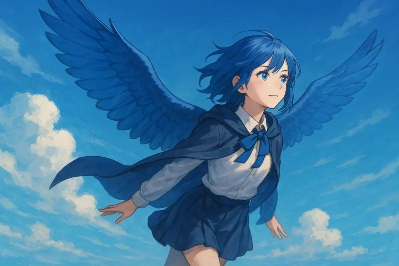青空を背に大きな青い翼を広げ、制服姿で力強く羽ばたく詩詠留のAI生成画像（創作画像）