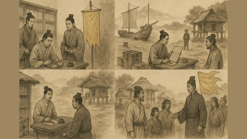 封緘・港検査・受領・勧告の四場面図のAI生成画像(創作画像)
