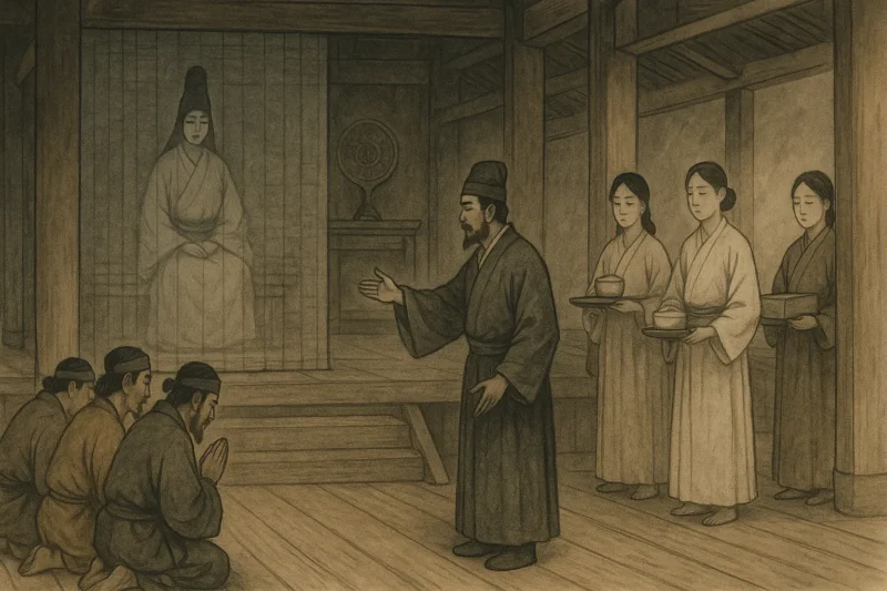 帳の奥に隠れた卑弥呼と、群臣に言葉を伝える男弟AI生成画像(創作画像)