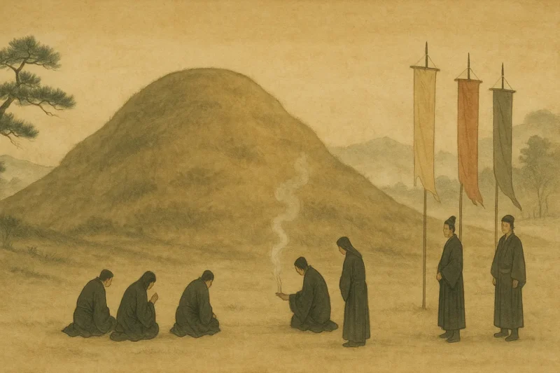 丘上の大墳丘を囲む喪人、古代の厳粛な空気のAI生成画像（創作画像）
