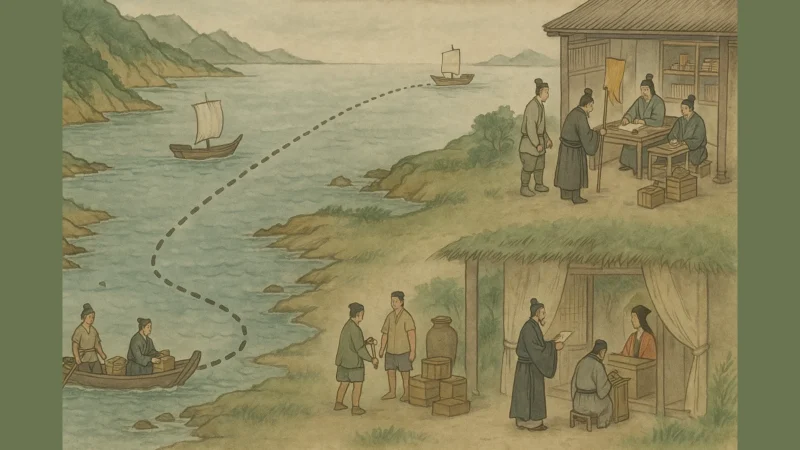 帯方郡使と倭の往来、伊都国港での応接風景のAI生成画像（創作画像）
