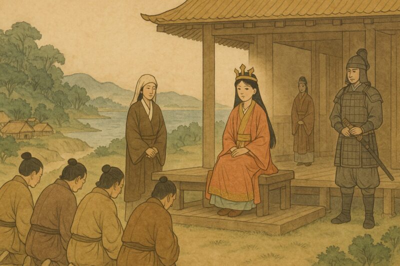 少女王壹與の即位と臣下の拝礼のAI生成画像（創作画像）