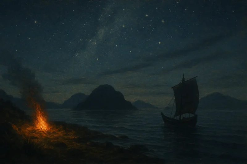 夜の海を進む船と星と灯火のAI生成画像(創作画像)