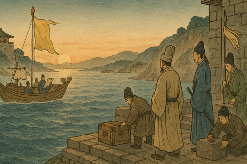 帯方から伊都へ渡る詔書の航路のAI生成画像（創作画像）
