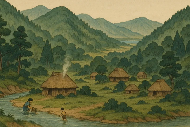 山間に点在する倭人の集落と竪穴住居のAI生成画像（創作画像）