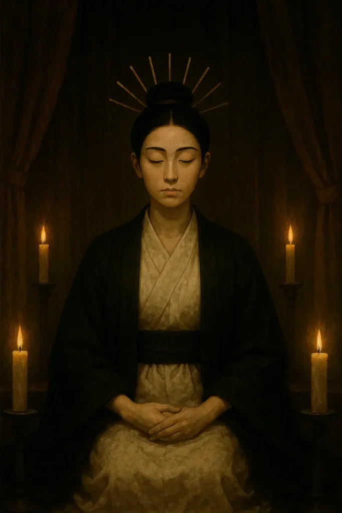 卑弥呼が神秘的に姿を隠す宮廷の場面のAI生成画像（創作画像）