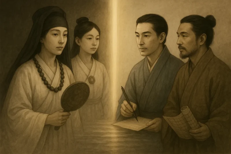 史実の女王卑弥呼と壱与、創作人物の詩洸と新元が対比的に描かれる情景のAI生成画像（創作画像）