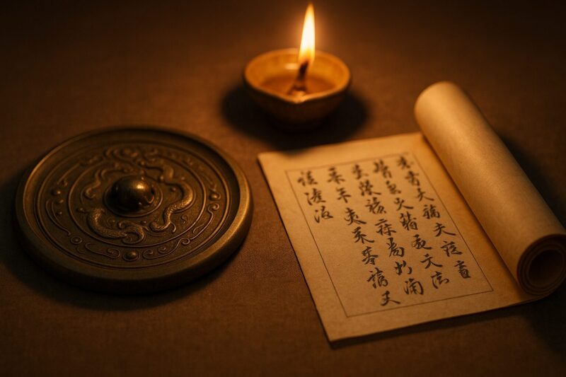 銅鏡と巻物が灯火に照らされ、史実と創作を象徴的に並べられているAI生成画像(創作画像)