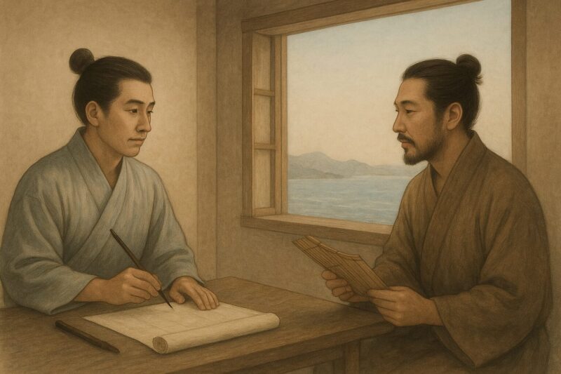 筆を持つ詩洸と竹簡を広げる新元、窓外に倭国の海が広がる情景のAI生成画像(創作画像)
