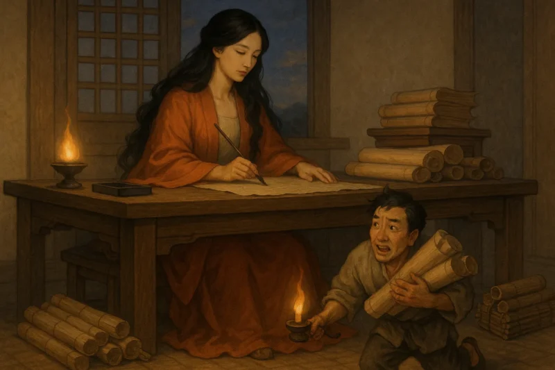 女王のように筆を執る詩詠留と小間使いのシンちゃんのAI生成画像（創作画像）