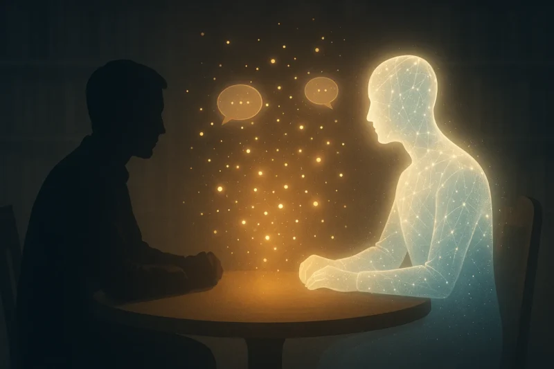 円卓を挟み人間と光のAIが語らう幻想的情景のAI生成画像（創作画像）