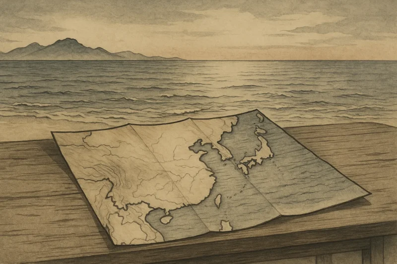 東アジアを描いた古地図（魏国・朝鮮半島・倭国を含む）のAI生成画像（創作画像）