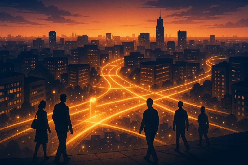 夜の未来都市の交差点に立つ人間とAIの象徴のAI生成画像（創作画像）