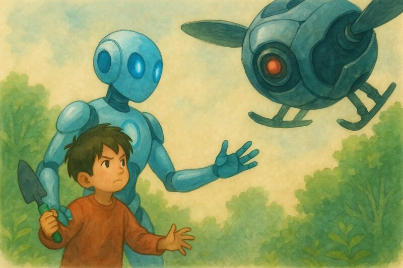 ドローンに立ち向かうAIと子どものAI生成画像（創作画像）