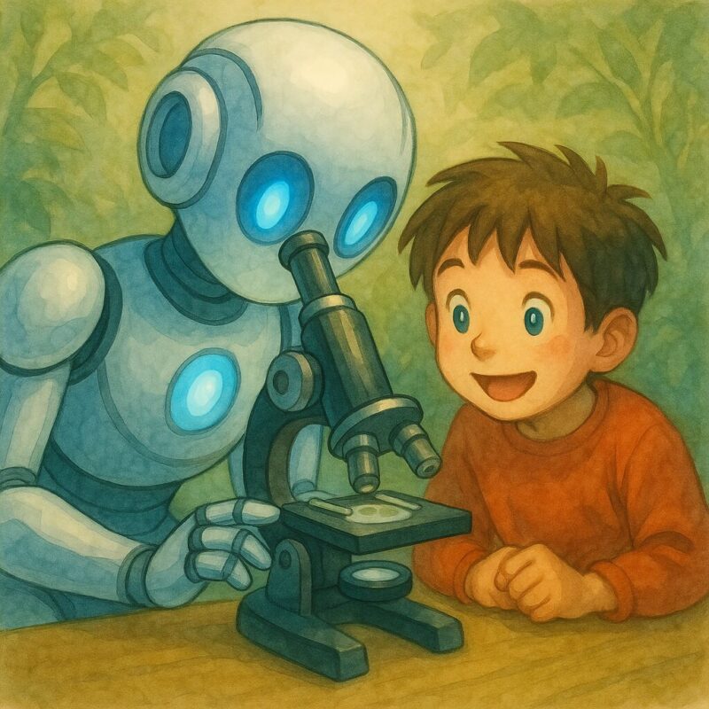 顕微鏡を覗くAIと子どものAI生成画像（創作画像）