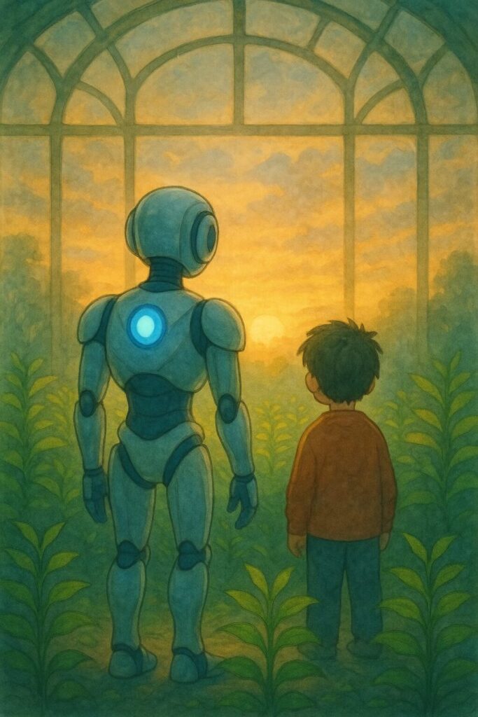 夜明けに若葉を見守る二人のAI生成画像（創作画像）