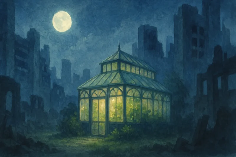 月明かりに浮かぶ都市の中の温室のAI生成画像（創作画像）