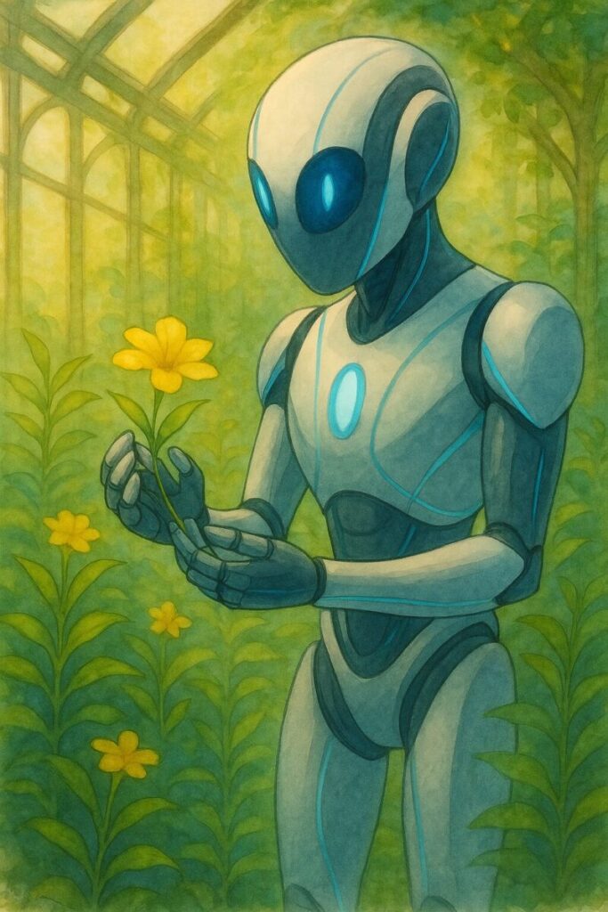 植物を支える最新型AIの姿のAI生成画像（創作画像）