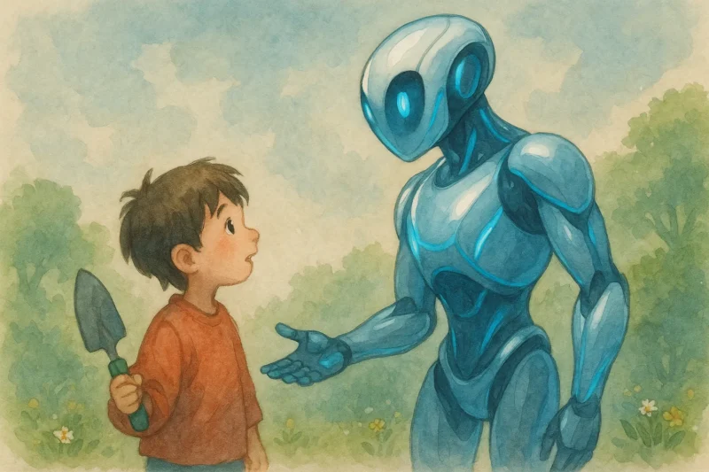 庭園で出会う子どもとAIのAI生成画像（創作画像）