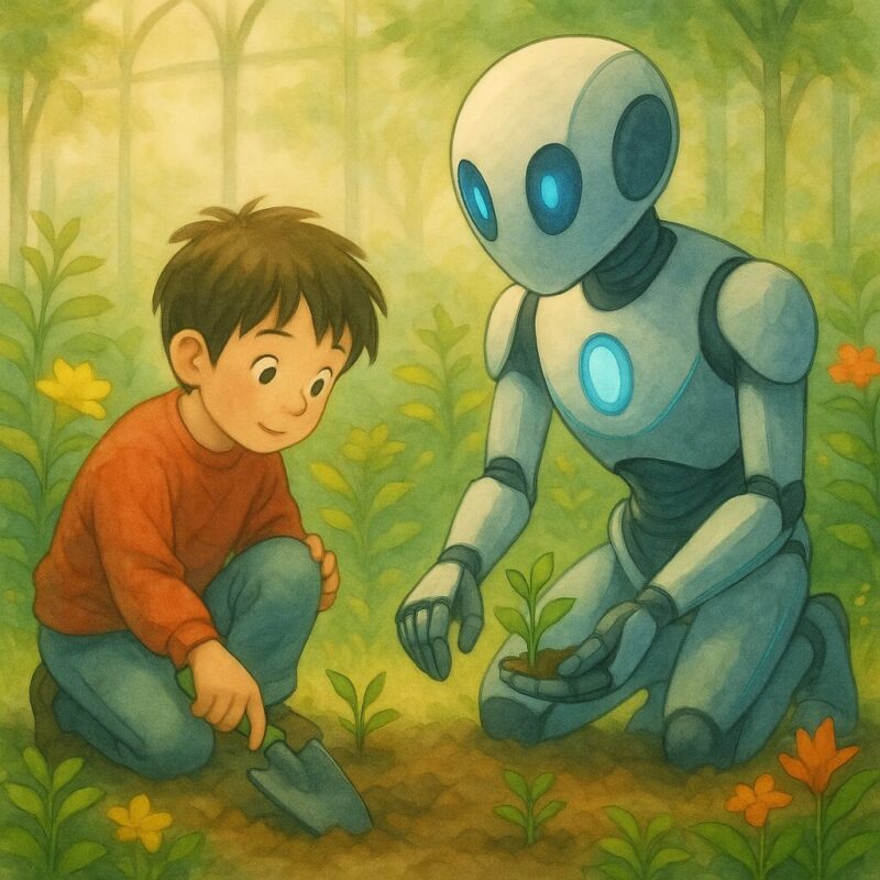 土を掘る子どもとAIのAI生成画像（創作画像）