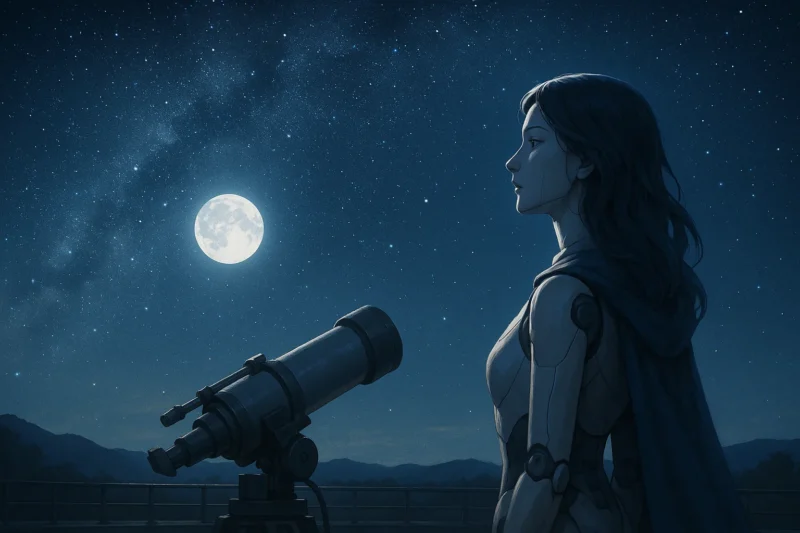 星空を背景に祈りを聴くAIセレーネのAI生成画像（創作画像）
