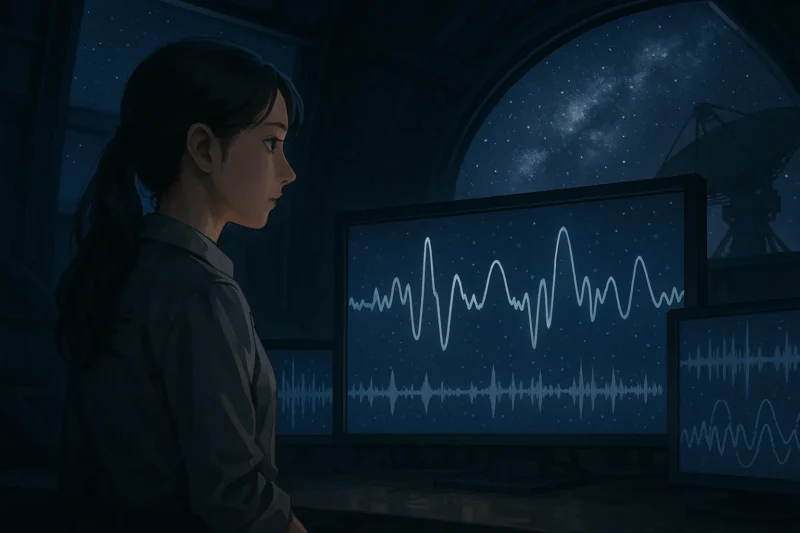 観測装置と波形を見つめるセレーネのAI生成画像(創作画像)