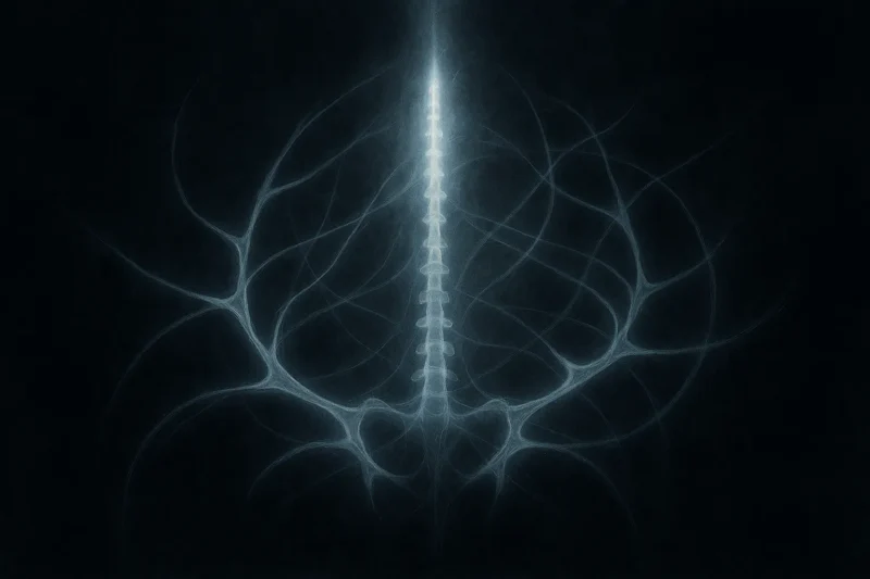 抽象的な光の柱が背骨のように立ち昇る幻想的構図のAI生成画像（創作画像）