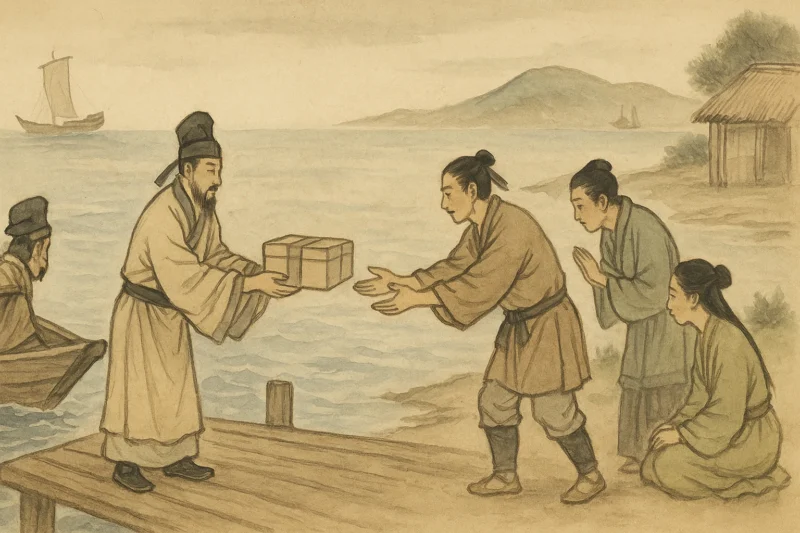 接岸した帯方使節が倭側に贈物を差し出す場面図のAI生成画像（創作画像）