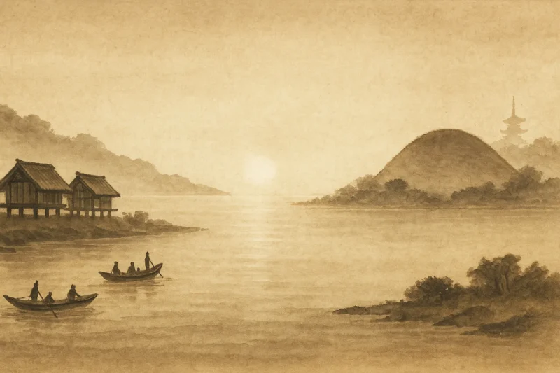 倭から和へ渡海する舟と島影を墨画で象るAI生成画像(創作画像)