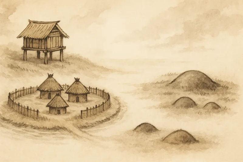 高床倉庫と環濠集落、墳丘墓が並ぶ倭の村落風景のAI生成画像（創作画像）