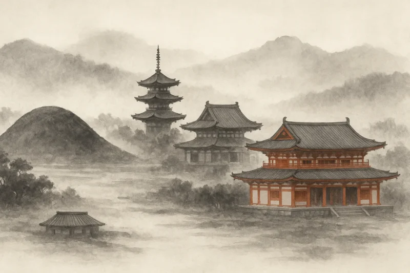 古墳と寺院伽藍、宮殿を配した和の国家的空間のAI生成画像（創作画像）
