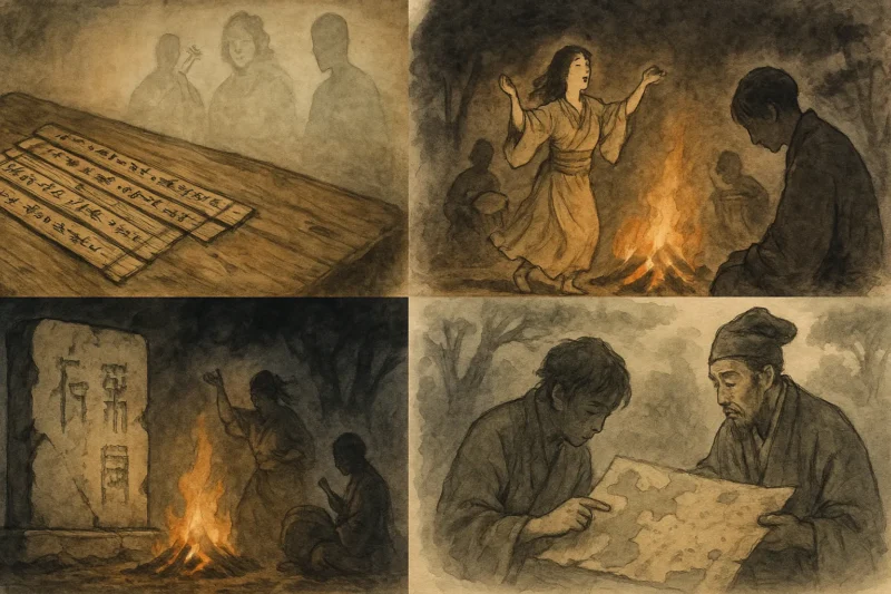 古代史料の欠落と伝承・沈黙・余白を象徴する墨彩画風の情景のAI生成画像（創作画像）