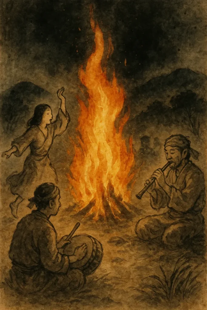 焚き火を囲み歌い舞う村人、炎に照らされる所作の墨彩画のAI生成画像（創作画像）