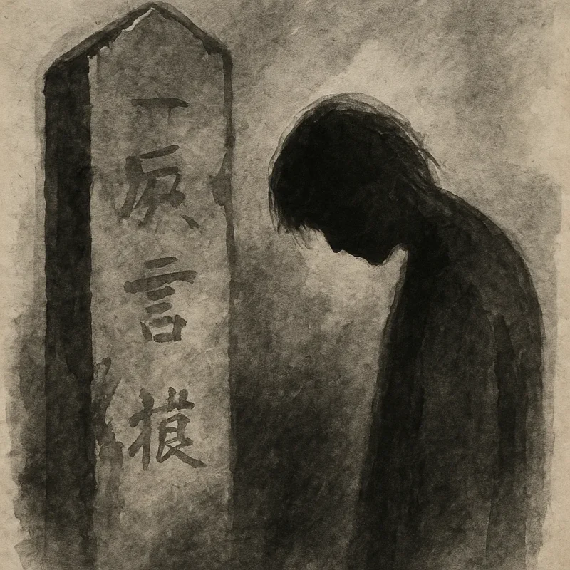 名を削られ欠けた石碑と沈黙の人影の墨絵のAI生成画像（創作画像）