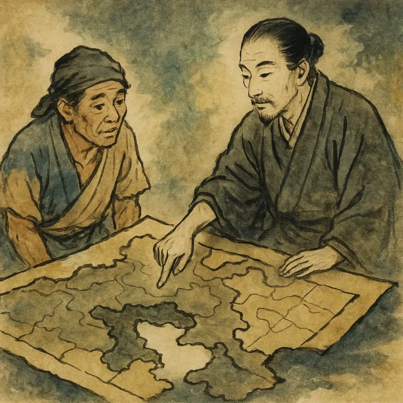 欠落のある古地図を指差す人物と見守る村人の浮世絵風のAI生成画像（創作画像）