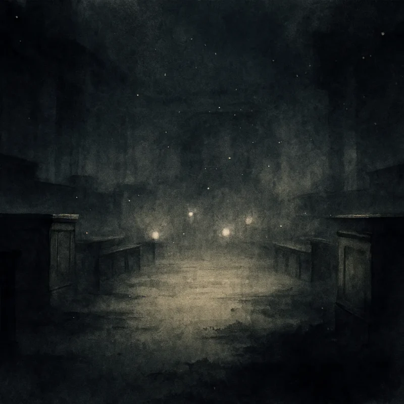 霧に包まれた法廷の奥に灯りが浮かぶ夜の情景のAI生成画像(創作画像)