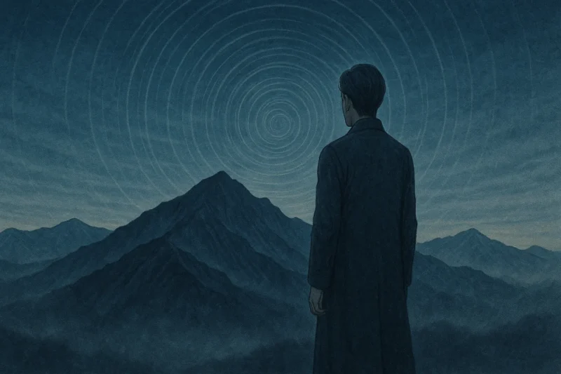 夜明け前の稜線に立つ科学者の背影のAI生成画像（創作画像）