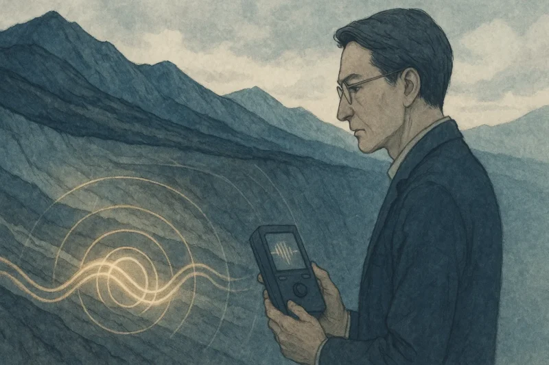 山腹の断層に可視化された音の干渉模様のAI生成画像（創作画像）