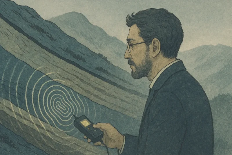 黎明の稜線で光に包まれる科学者の背影のAI生成画像（創作画像）