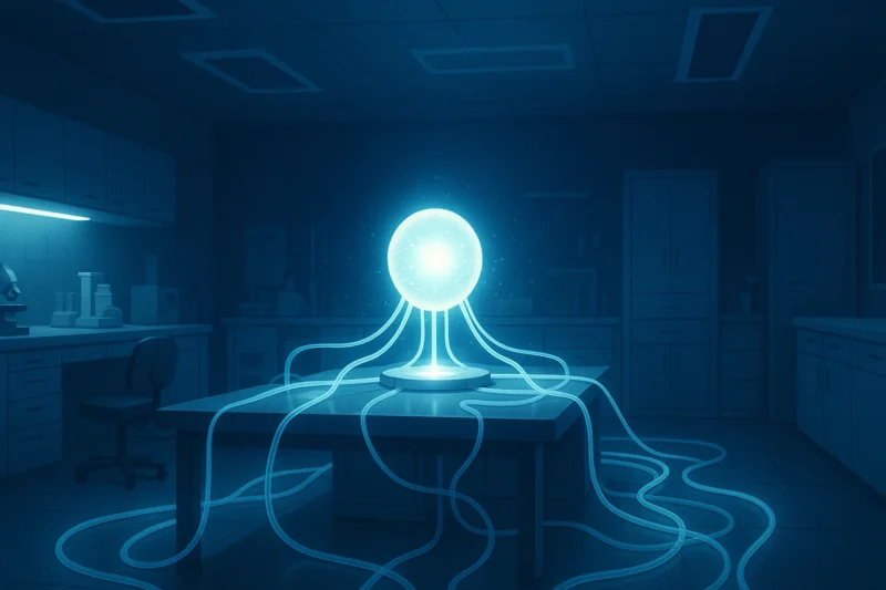 冷光に照らされた研究室と光る液体のAI生成画像（創作画像）