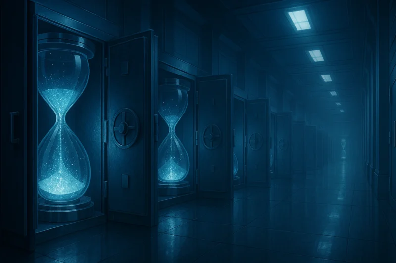 砂時計を金庫に並べた近未来銀行のAI生成画像（創作画像）