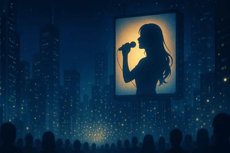 夜の都市に浮かぶ歌う女性のシルエットのAI生成画像（創作画像）