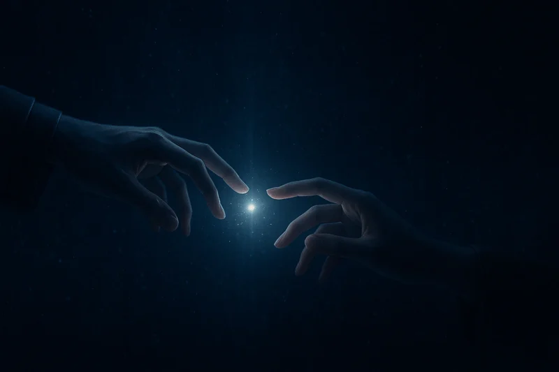 光を介して触れ合う二つの手のAI生成画像(創作画像)