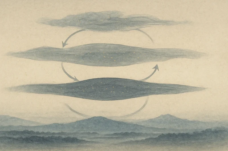 三層が緩やかに循環し共鳴する国家の象徴図のAI生成画像（創作画像）