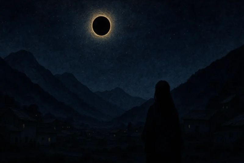 皆既日食の闇に包まれ祭りの準備を進めているリュミナ村のAI生成画像（創作画像）