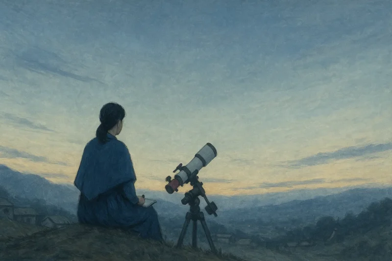 星喰明けの朝、記録を整理している観測者マリアのAI生成画像（創作画像）