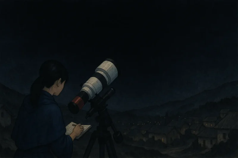 赤道儀上の冷却CMOS搭載オールスカイカメラで星の消えた空を観測・記録するマリアのAI生成画像（創作画像）