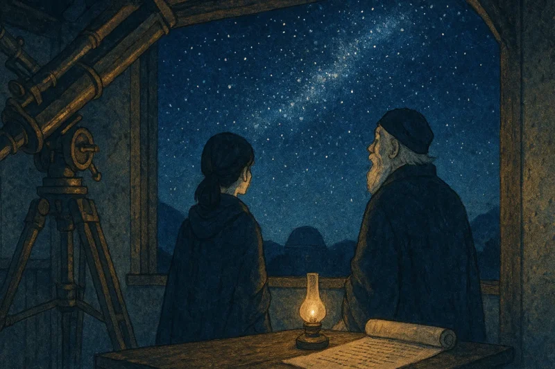 観測所の中で星空を見上げるマリアとワイラ。詩と観測が交わるAI生成画像（創作画像）