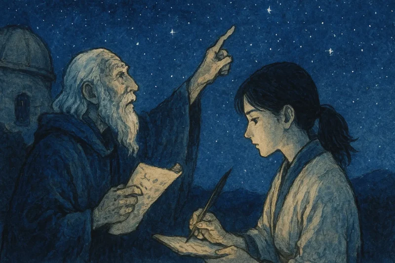 星を指差すワイラと記録を取るマリアの夜のAI生成画像(創作画像)