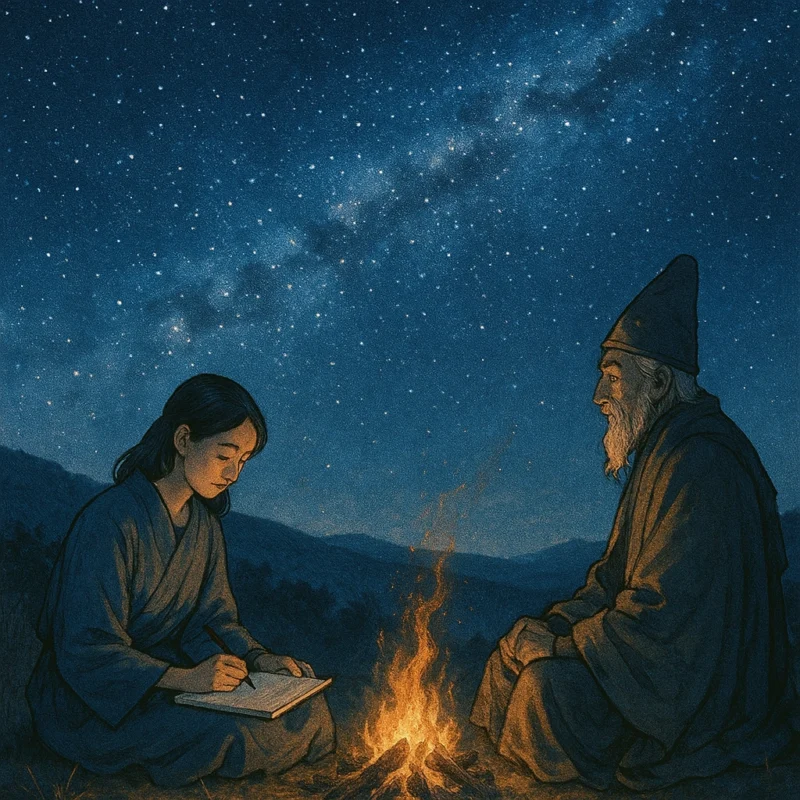 星空の下、焚き火のそばで未来への記録を綴る観測者マリアと神官ワイラのAI生成画像(創作画像)